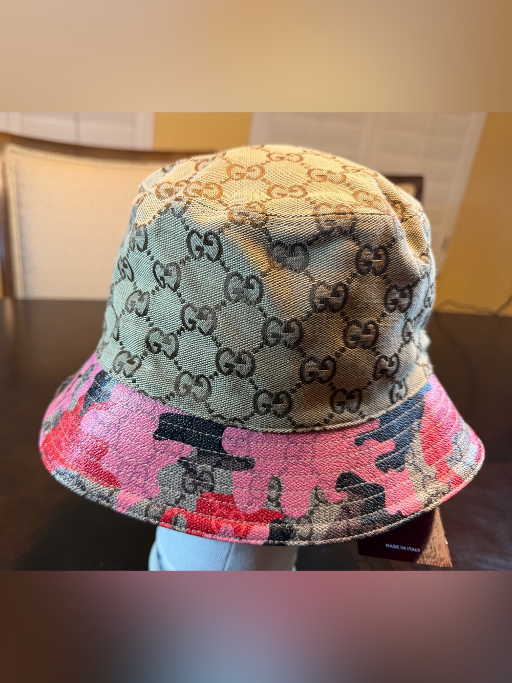New Authentic Gucci GG Supreme Logo Pink Camo Bucket Hat Tan Size XL - Picture 9 of 16